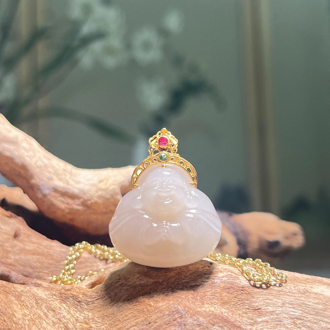 和田玉雕刻抱抱佛手工吊坠18K金扣头弥勒佛挂坠（多样性发货其一）