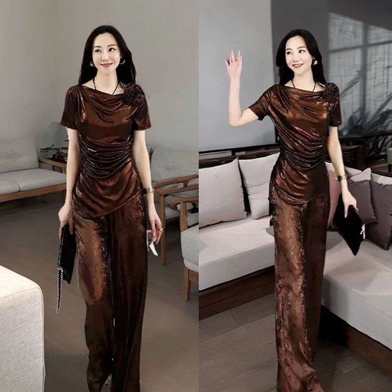 【原版现货】女装2025流行穿搭一整套荡领褶皱上衣+裤子两件套潮