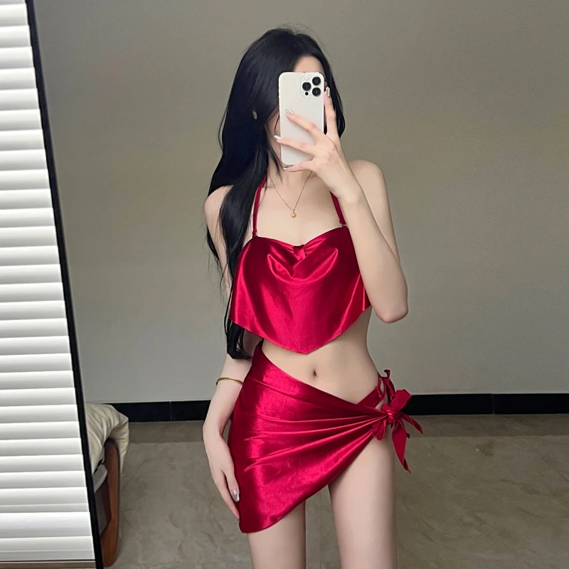 XYT【热辣】泳衣比基尼三件套高级感挂脖系带分体聚拢显瘦泳衣女