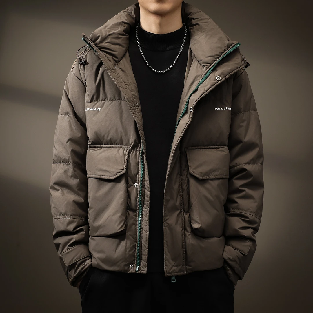 高端工装白鸭绒连帽羽绒服男2024秋冬季新款潮牌男士轻薄保暖外套