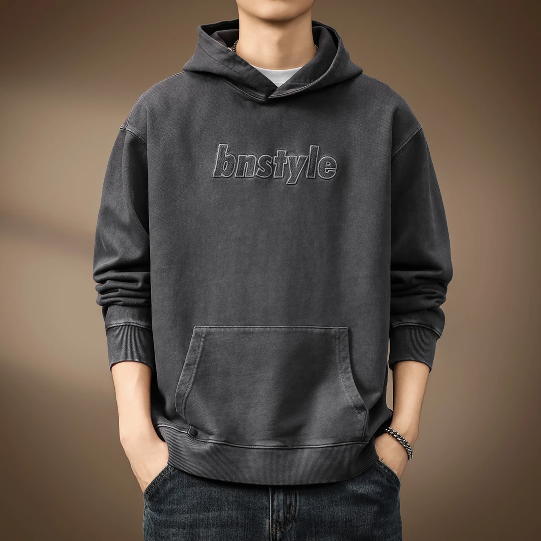 高端重磅380g字母刺绣连帽卫衣男士秋季宽松大码骨感洗水套头长袖