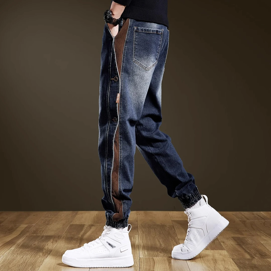 美式高端重磅设计感拼接工装裤男潮牌秋季新款宽松休闲束脚牛仔裤