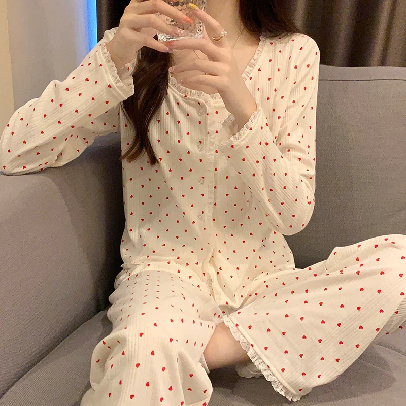 长袖睡衣女春秋精梳棉透气秋季女款2025新款短款小个子爱心套装