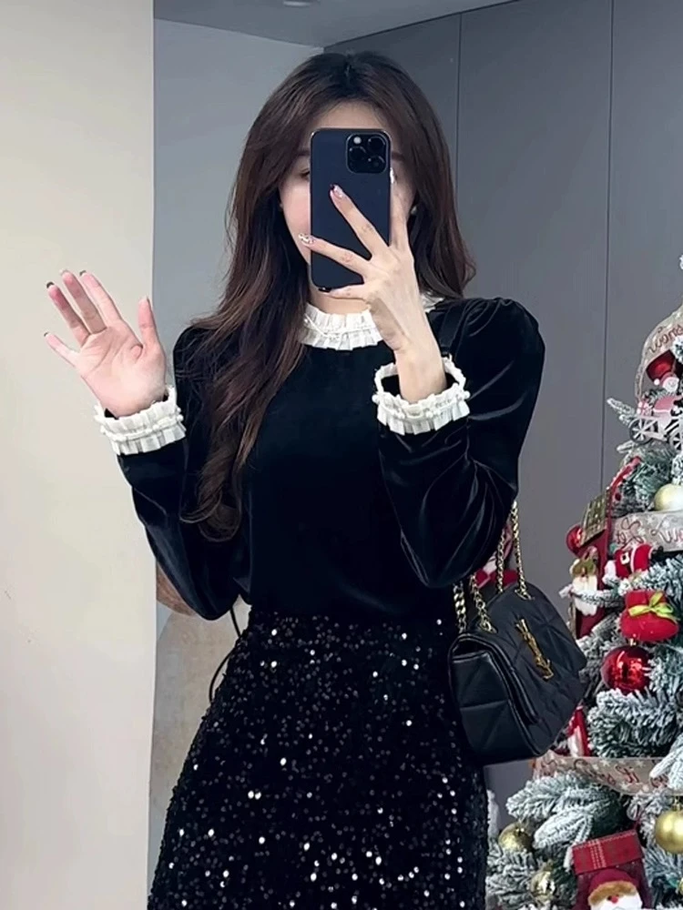 法式复古蕾丝拼接黑丝绒上衣女秋冬时尚时髦洋气长袖打底衬衫