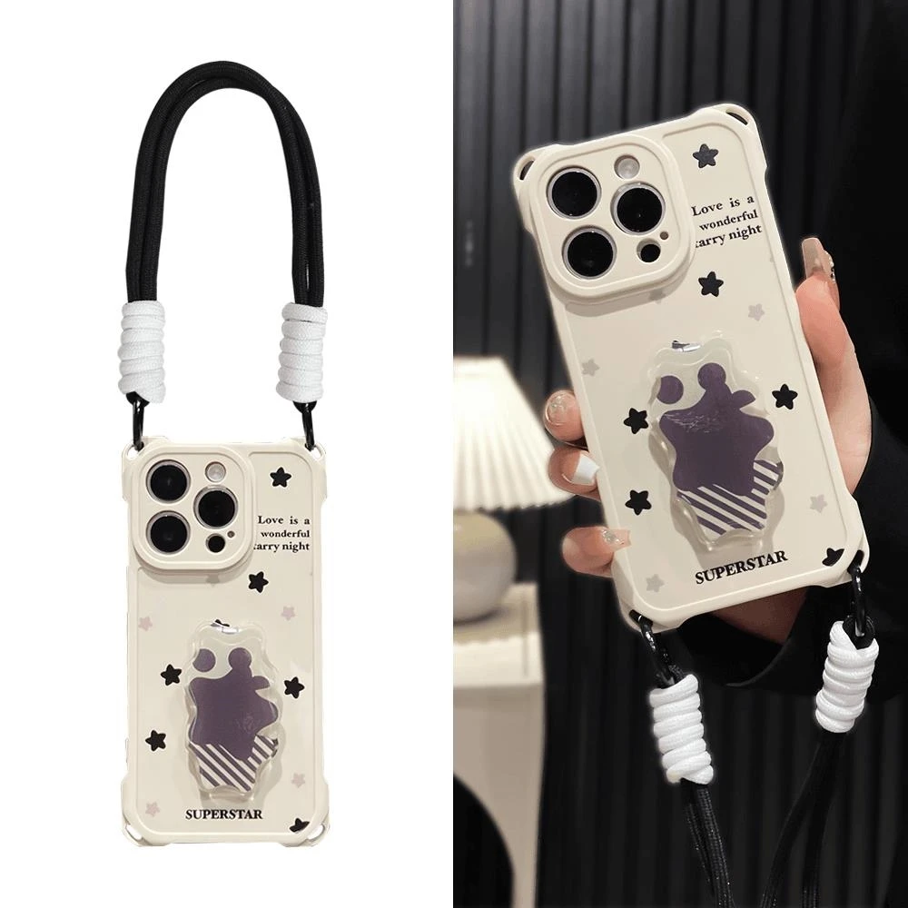 英文星星适用于苹果16promax华为手机壳防摔四角挂绳iPhone15支架
