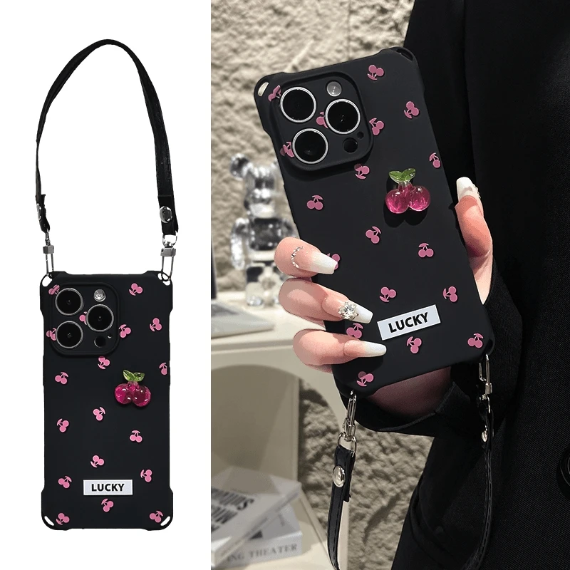 满屏红樱桃适用于苹果15手机壳四角挂绳iPhone14华为oppovivo小米