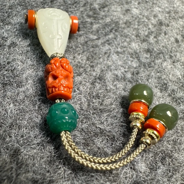 和田玉雕刻博古纹三通套装 搭配喜主 简单大气适用于7.5 以下串