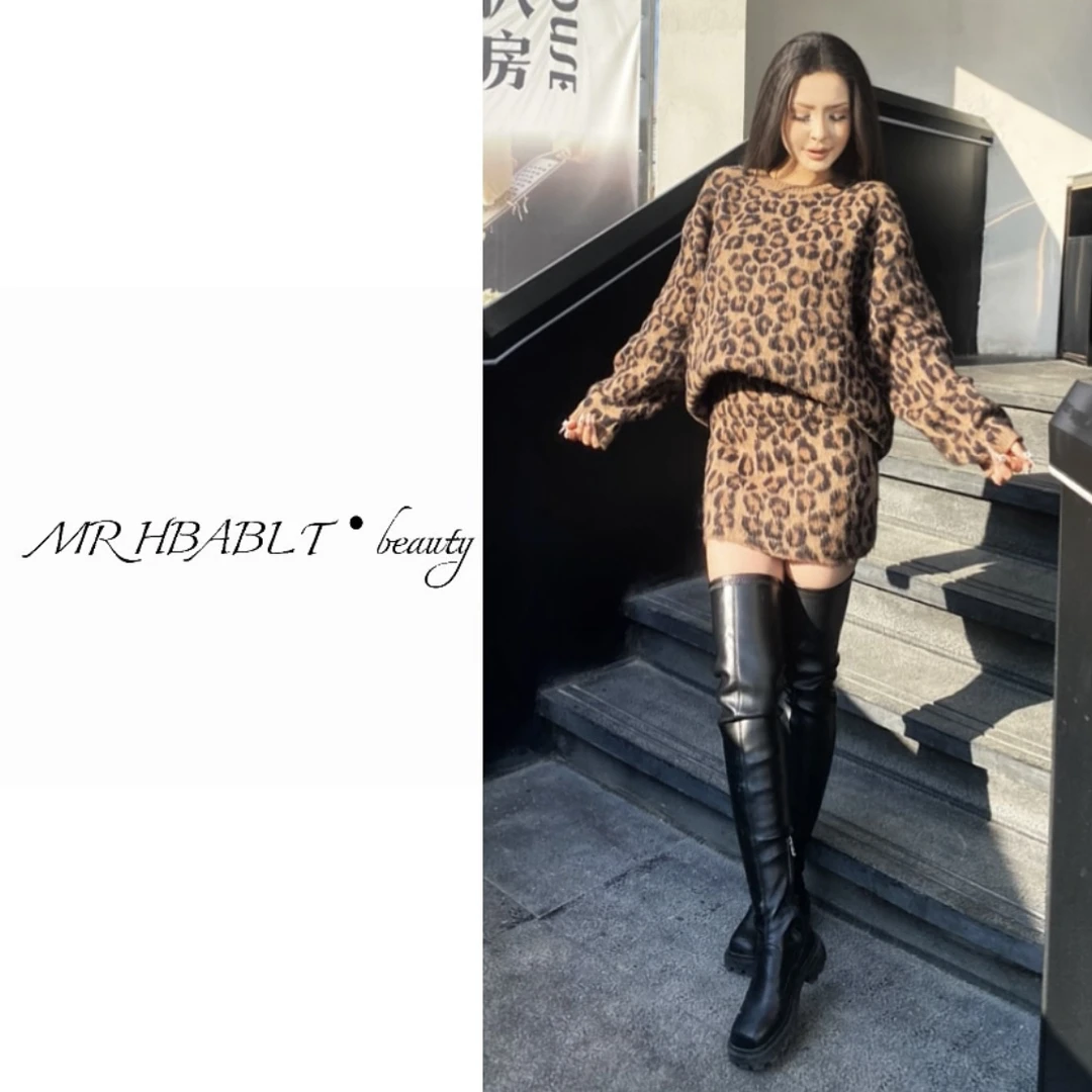 豹纹针织衫气质显瘦包臀裙两件套002