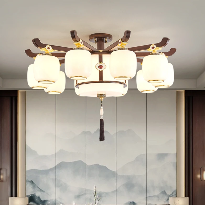 福灯堡新中式新款胡桃木珐琅彩客厅吊灯餐厅卧室吊灯中国风大气灯