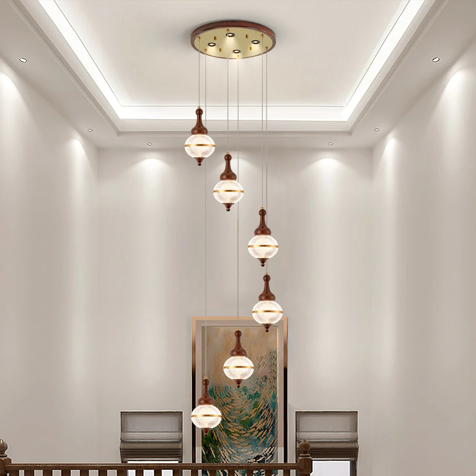 楼梯吊灯中古风别墅复式楼跃层公寓客厅loft实木长吊灯2024灯具