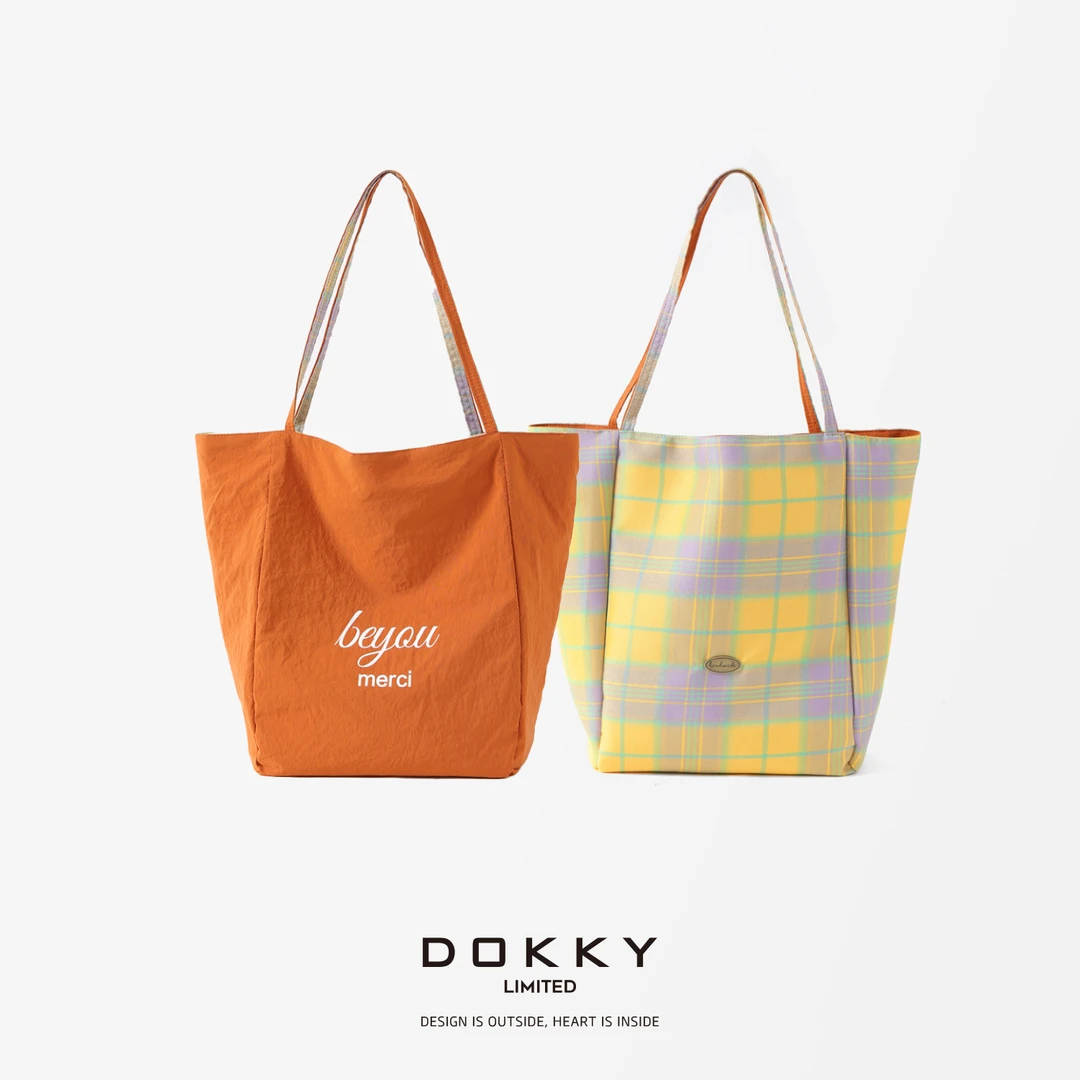【INS学院包】DOKKY好韩范！黄紫格子双面可背|单肩大容量帆布托特包