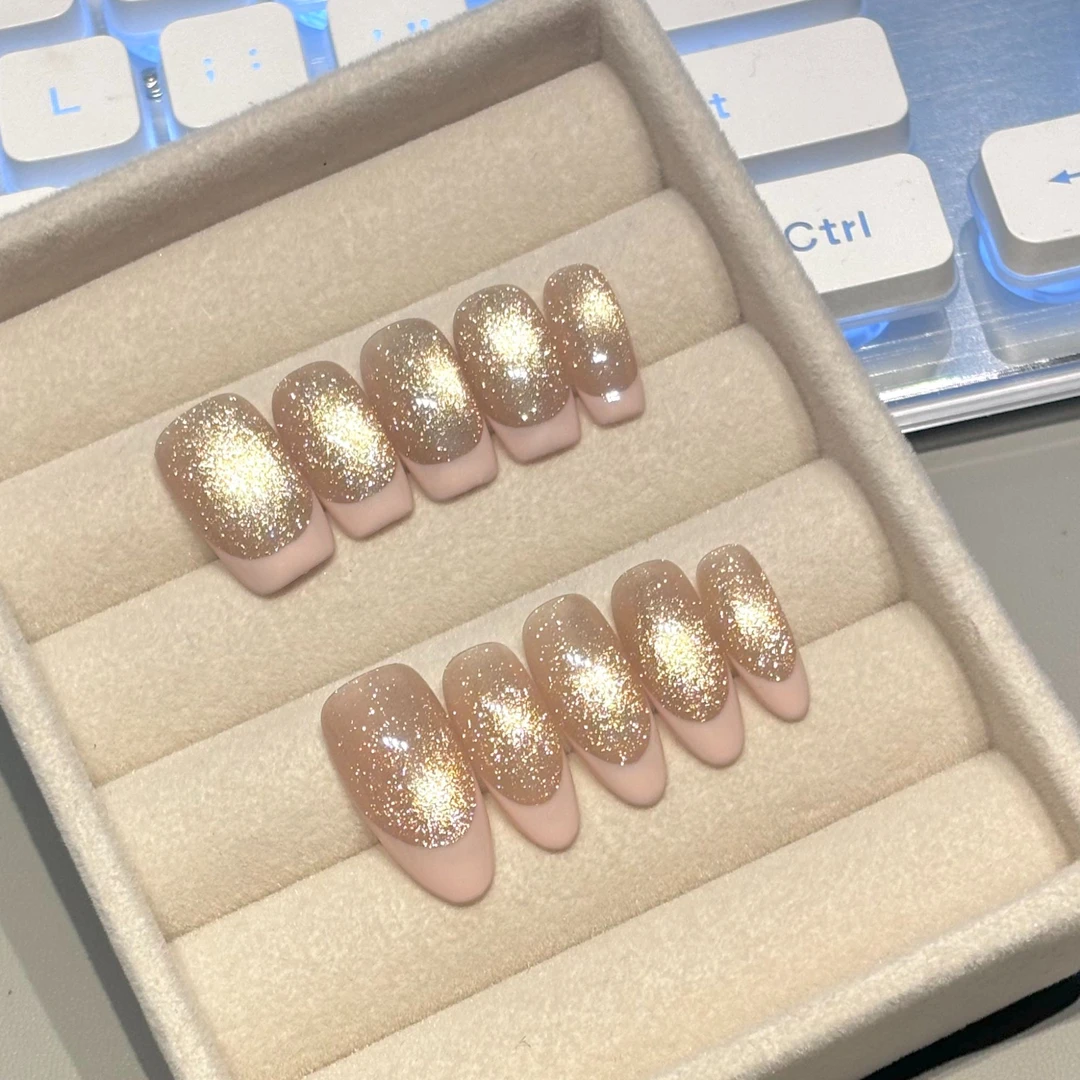 「S1756三分甜」浅金烟花猫眼手绘皮粉法式纯手工穿戴甲型定制