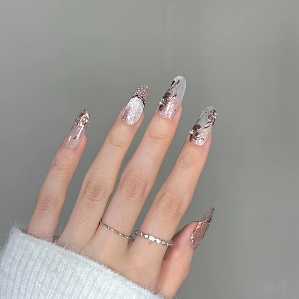 「S723铁树开花」手绘立体金属花渐变晕染猫眼纯手工穿戴甲甲型定制