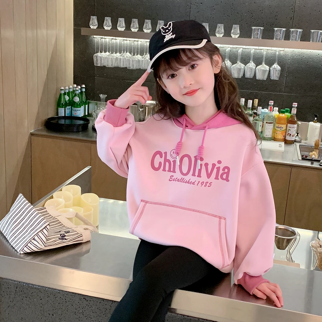 女童卫衣2024春装韩版儿童字母印花连帽上衣宽松休闲外套W24111