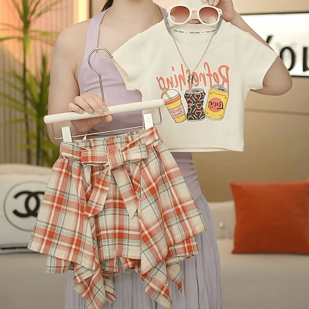 女童夏季套装2024新款中大儿童女孩韩版时尚洋气格子裙裤两件套潮