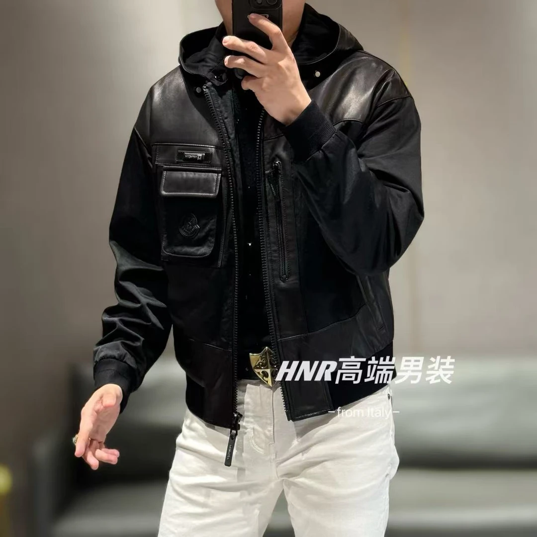 【羊皮拼接羽绒服】冬季新款立体口袋图案男士连帽羽绒服24053