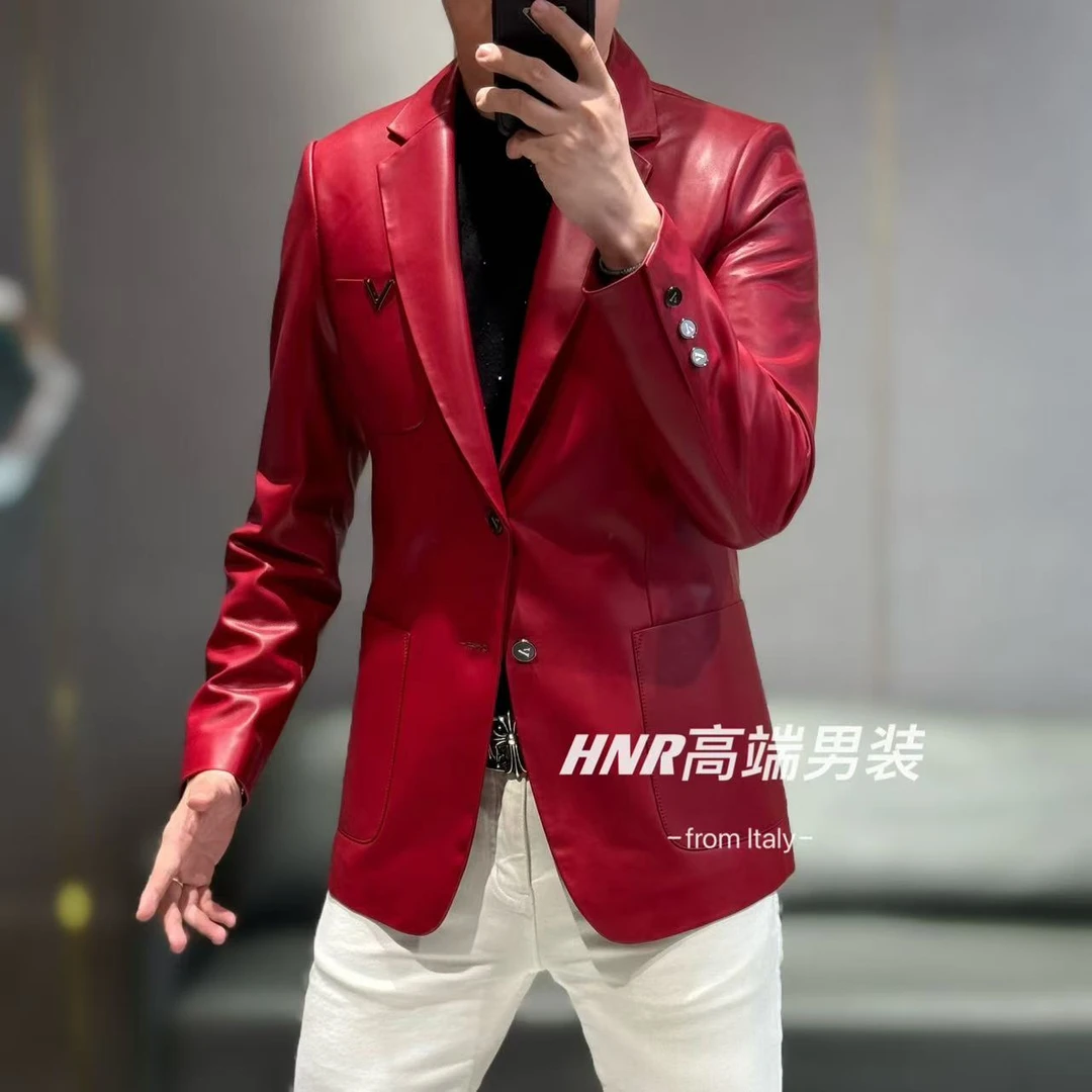 真皮羊皮小V口袋设计新款高端男士西服领气质皮衣外套24009