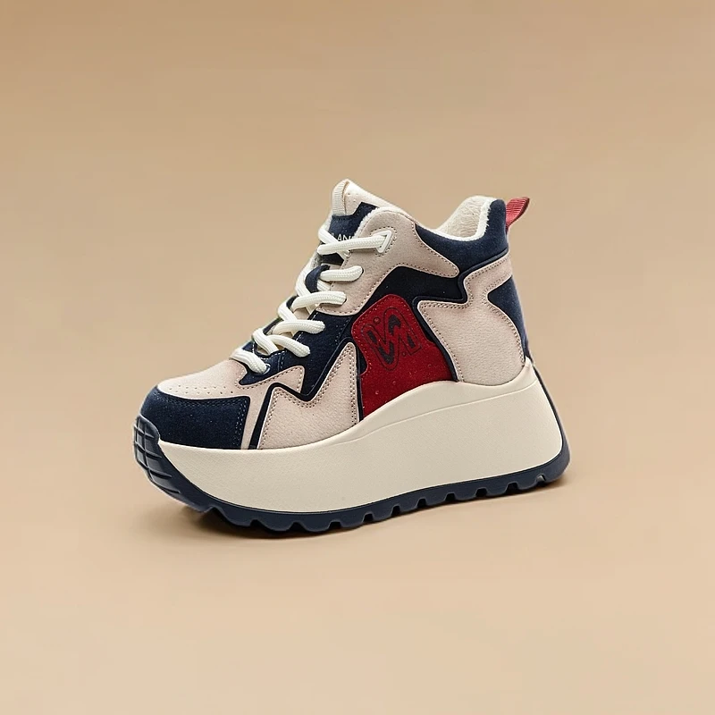 直播爆款真皮加绒高帮休闲运动鞋女2024秋冬网红时尚百搭厚底韩版