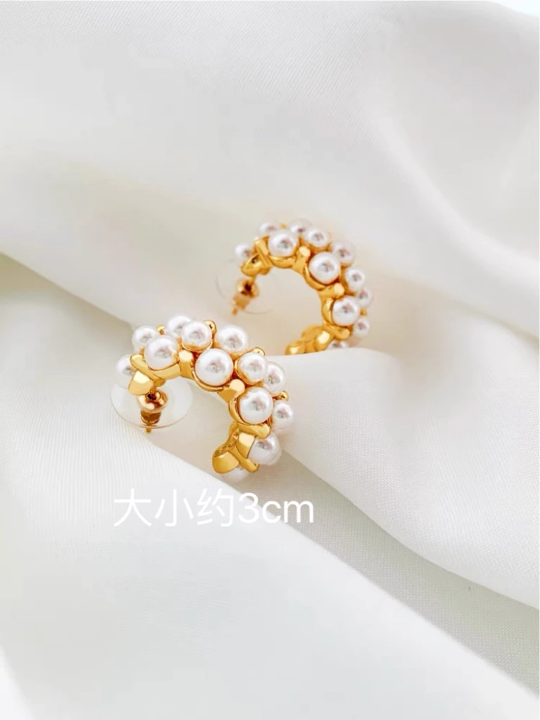 铜合金仿珍珠耳饰 法式复古半圆珠珠耳钉镶嵌小米珠设计款449气质