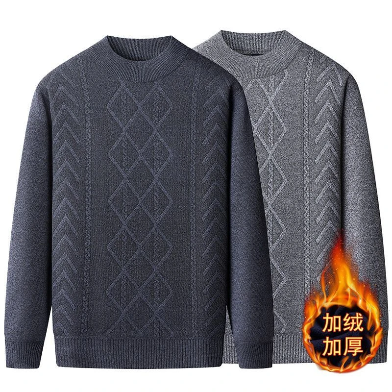 秋冬加绒加厚毛衣长袖爸爸大码男士中年爸爸装休闲保暖防寒上衣