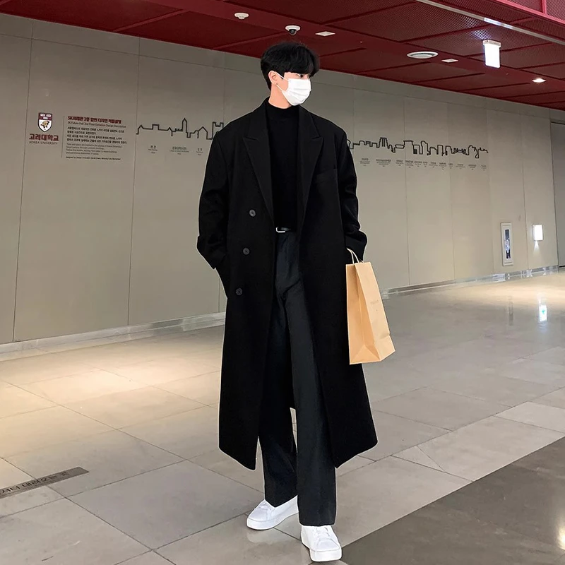 冬季新款顺毛呢子大衣男长款过膝韩版宽松帅气毛呢外套男英伦风衣