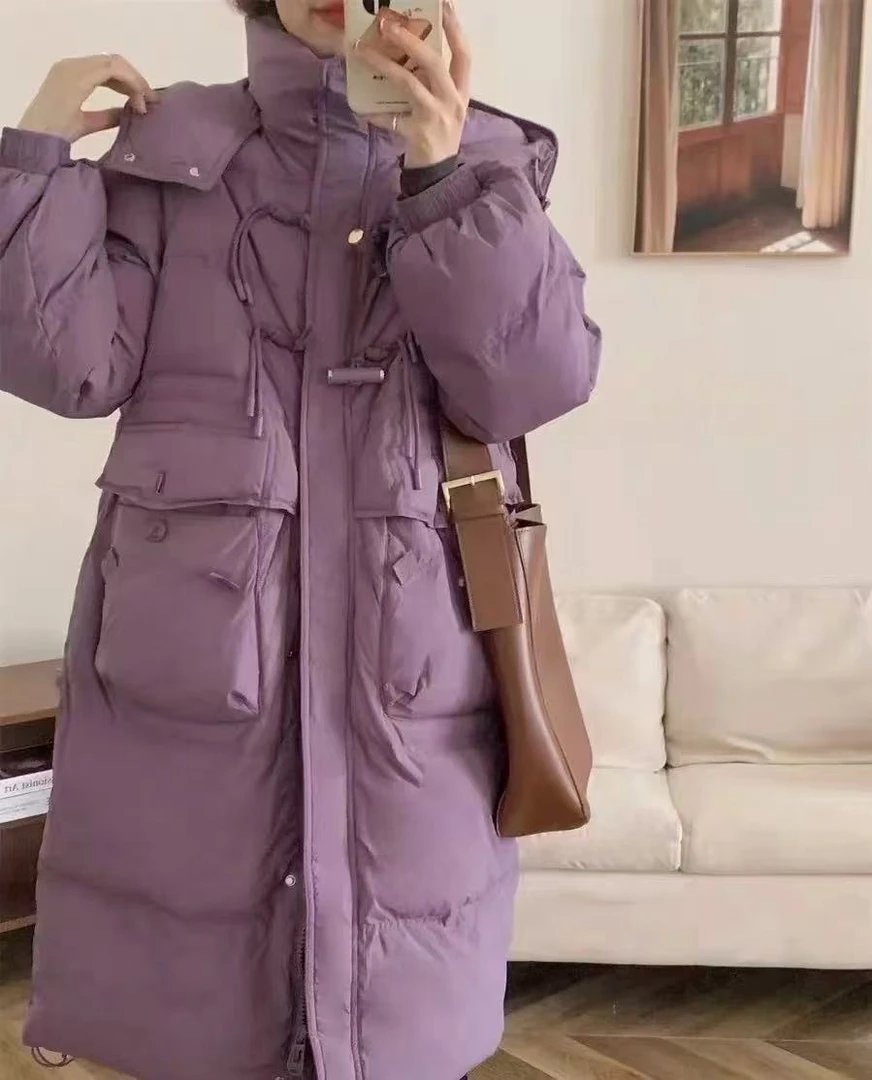 新款竹节扣收腰连帽气质百搭时尚休闲白鸭绒羽绒服