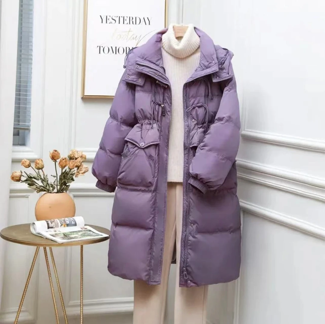 新款竹节扣韩版收腰连帽中长款过膝白鸭绒羽绒服