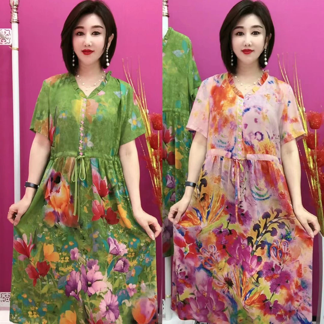099彩色花抽腰款连衣裙