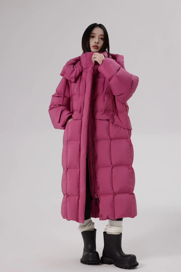 3233冬季新品90白鸭绒长裤过膝宽松连帽保暖面包羽绒服外套女