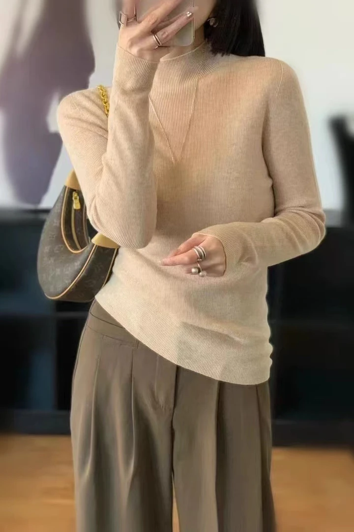 2604无缝一体半高领女秋冬新款修身内搭显瘦套头毛衣针织打底衫