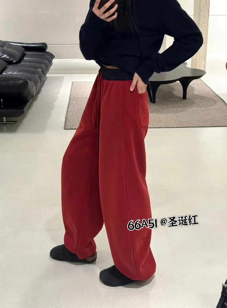 6651加绒束脚拖地阔腿裤女冬季新款抽绳松紧腰休闲宽松弯刀裤