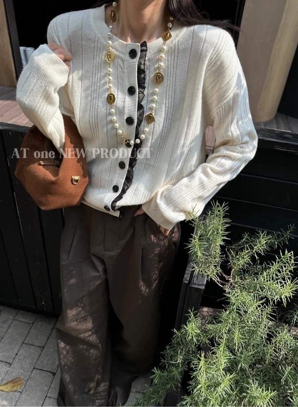 21038法式花边拼接毛衣女开衫秋冬季新款宽松气质针织衫圆领上衣