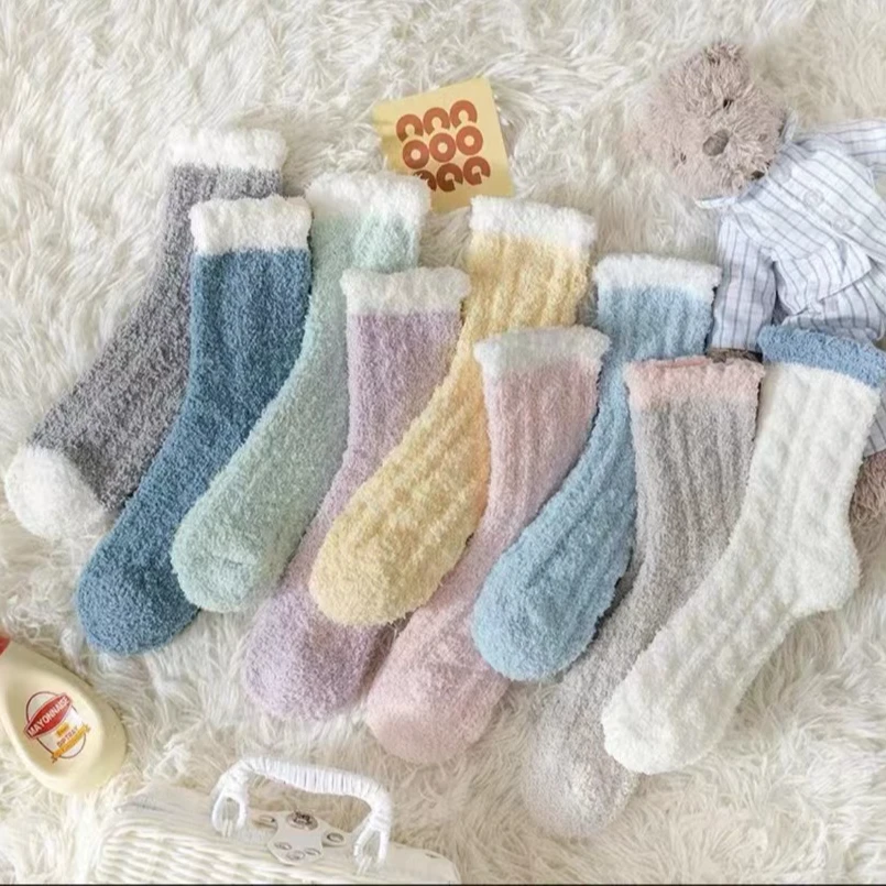 珊瑚绒袜子女冬季加厚加绒保暖地板袜睡眠月子袜秋冬新款灰色袜子