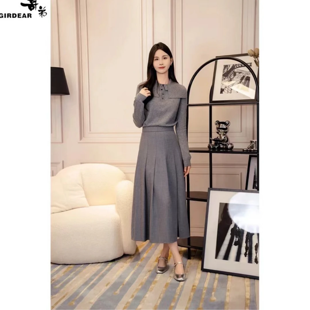 GIRDEAR/哥弟新款质感百搭高腰优雅百褶显瘦半身毛呢裙女 1200325