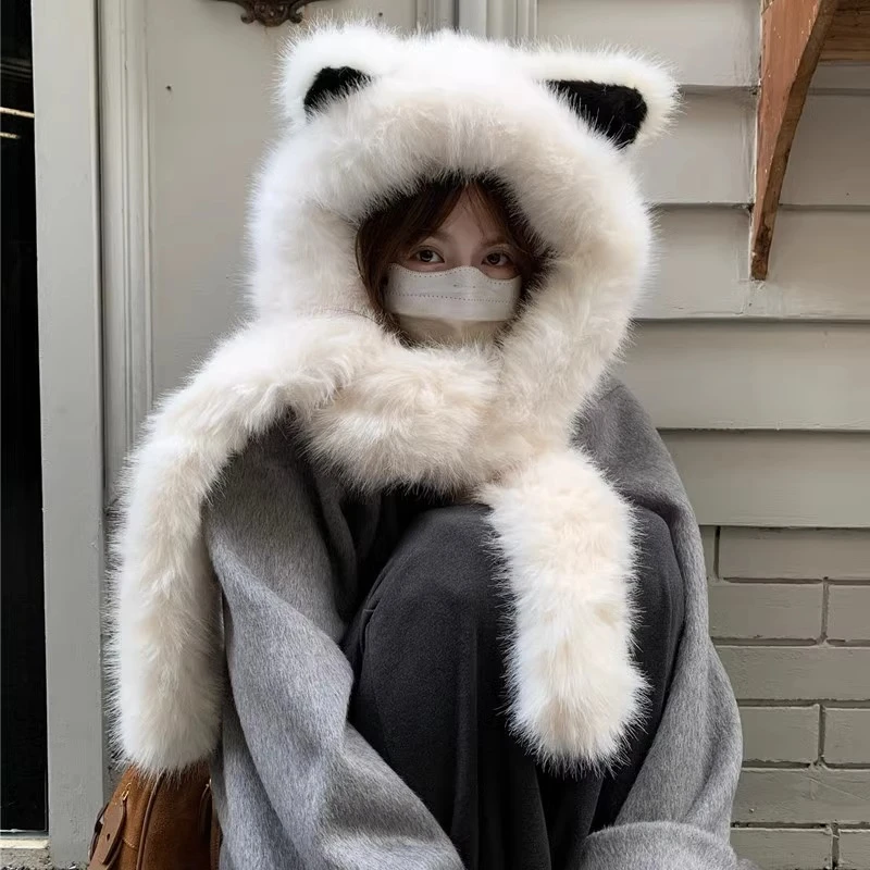 围巾帽子围脖一体高级感加厚毛绒狐狸耳朵冬季防寒护耳保暖包头帽