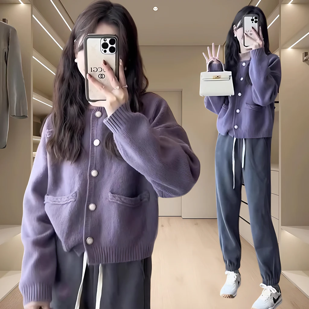 纯欲风休闲时尚洋气毛衣套装女装2025秋季新款宽松外套长裤两件套