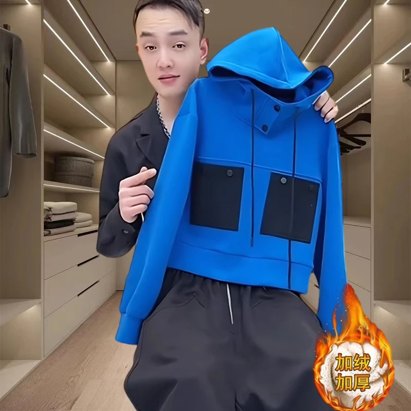 2025新款蓝色连帽加绒加厚卫衣女秋冬洋气潮牌高级感套头长袖上衣