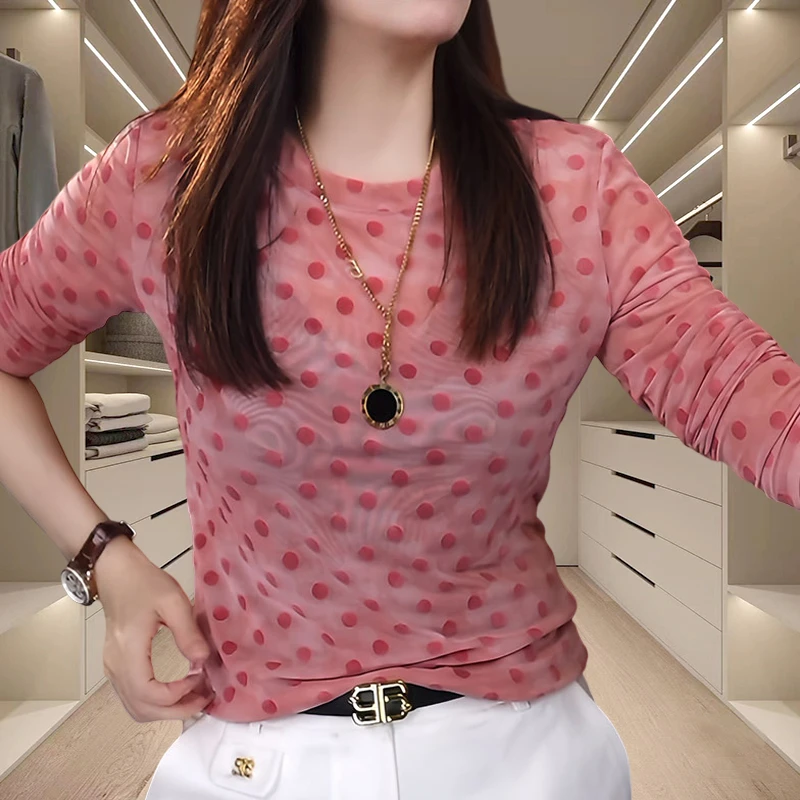 粉色洋气时尚减龄波点加绒长袖2025新款早秋显瘦内搭打底衫上衣潮
