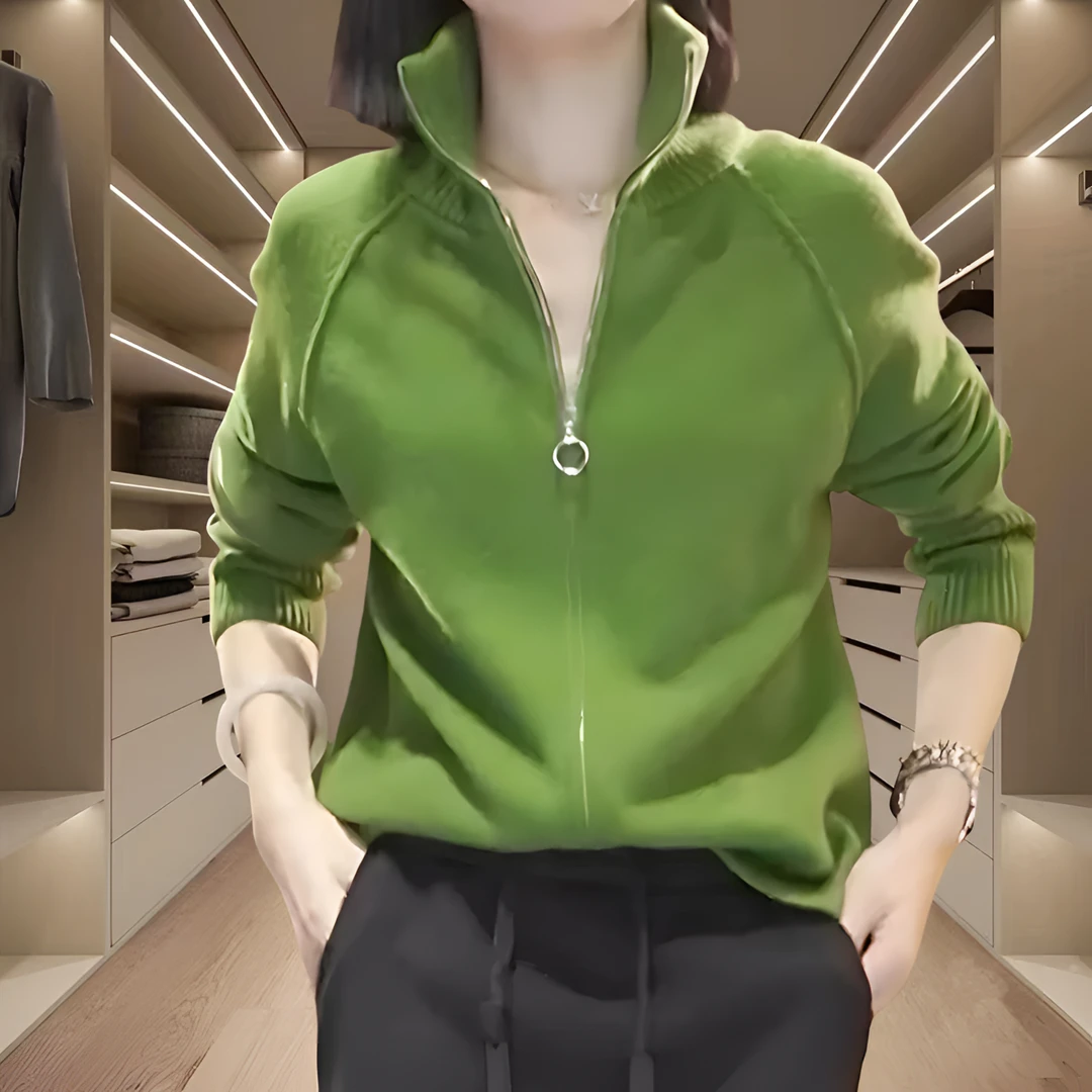 2025秋冬时尚妈妈装减龄毛针织衫女款爆款绿色上档次拉链开衫毛衣