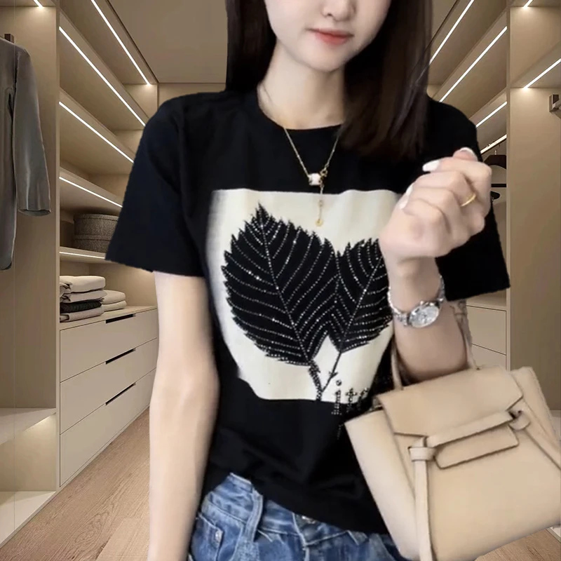 纯棉竹节棉叶子印花烫钻T恤女装夏季新款减龄洋气显瘦纯棉t恤女