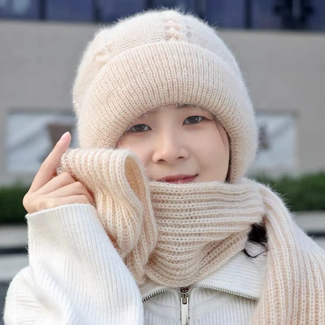 新款帽子女秋冬围巾一体风雪帽加绒加厚针织毛线帽骑车保暖网红帽
