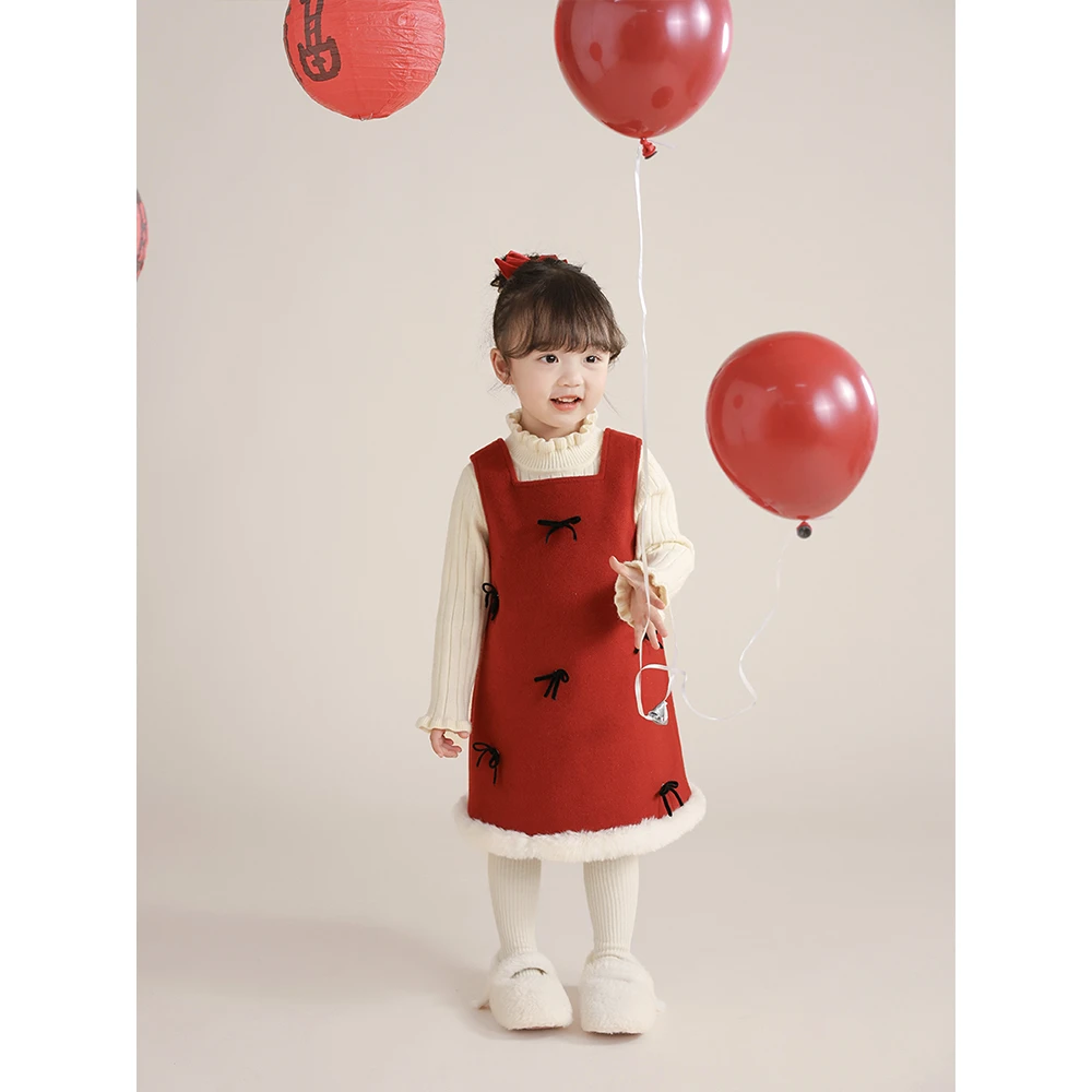 【启萌】女童周岁礼服2024秋冬新款儿童红色公主连衣裙C4W048