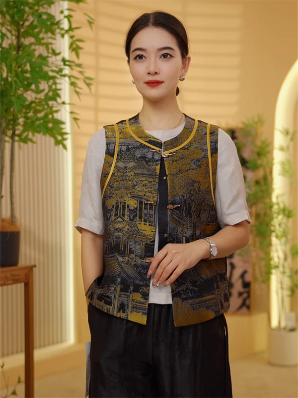 [晨琳]新中式桑蚕丝复古马甲女国风24075