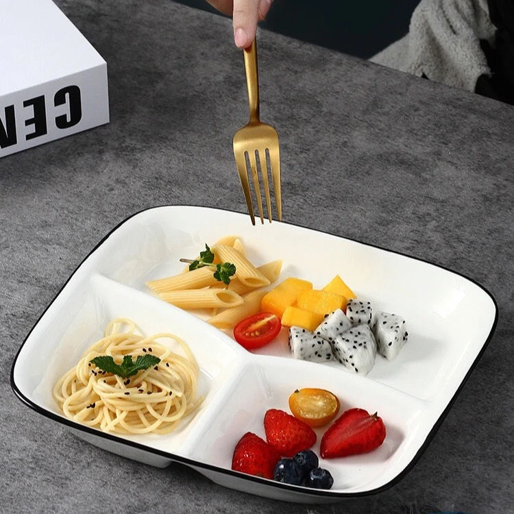 分格菜盘分餐盘一人食家用早餐餐具家庭儿童陶瓷三格分餐盘分格盘