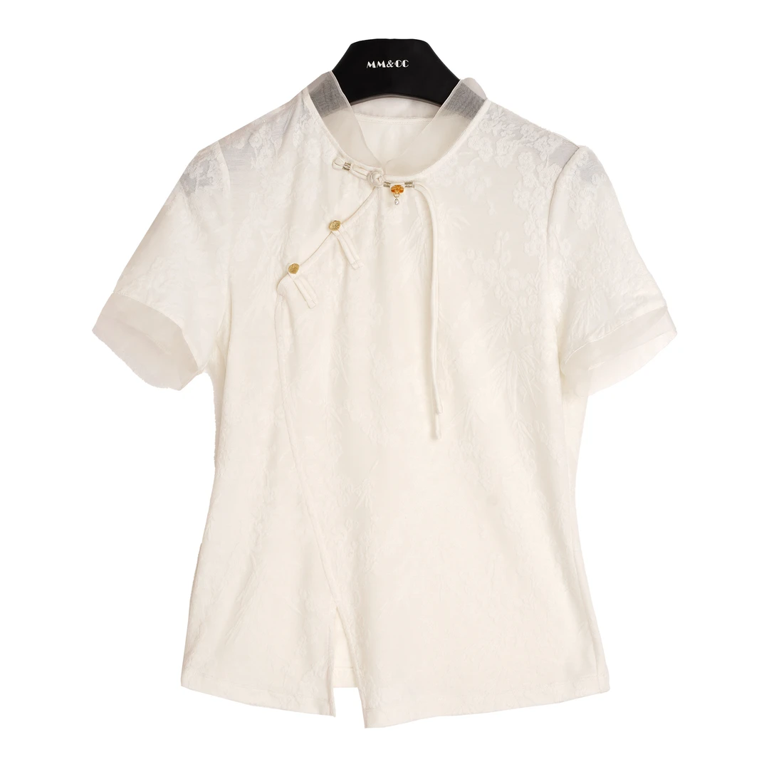 仫赐【白玉兰】春夏新中式国风盘扣提花设计感开叉桑蚕丝短袖F9260