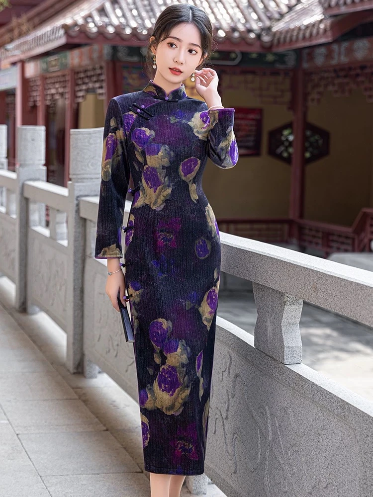 流芳 新款日常新中式秋冬丝绒加绒加厚高端优雅气质复古长款旗袍