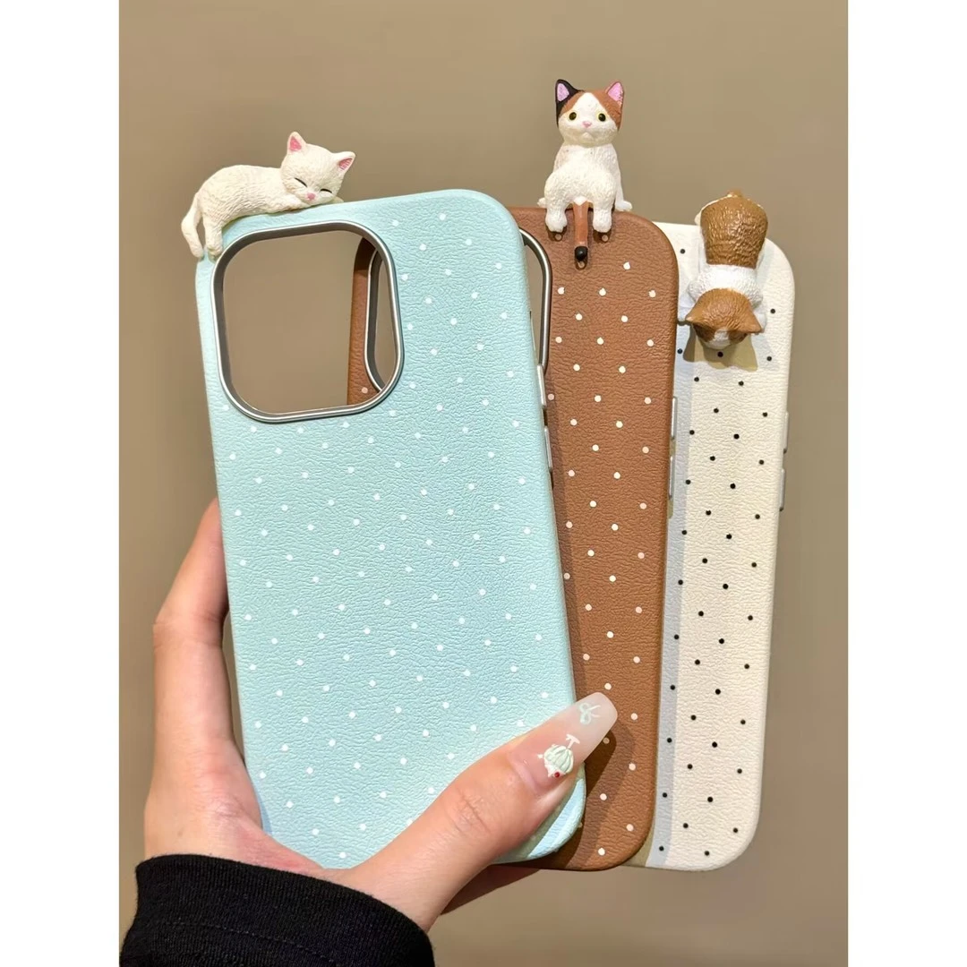 立体可爱猫咪适用苹果16iPhone15promax波点手机壳14/13少女12NZ
