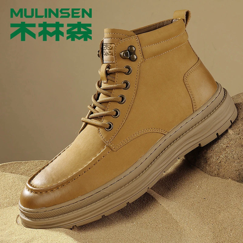 木林森正品高档冬季加绒高帮男鞋2023新款真皮加厚增高百搭马丁靴