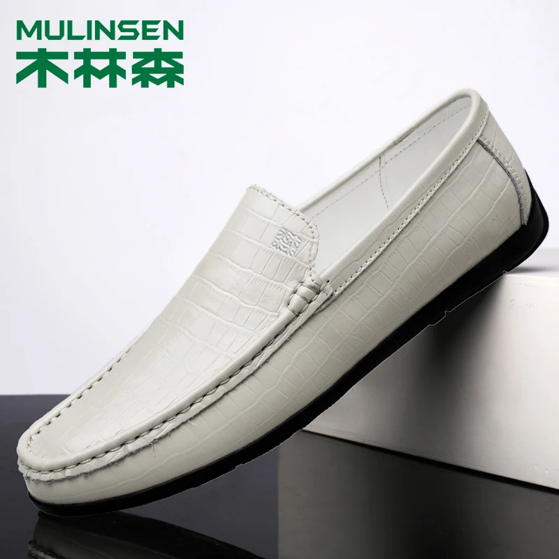 木林森皮鞋男真皮秋季高端男士休闲豆豆鞋白色软皮软底中年爸爸鞋