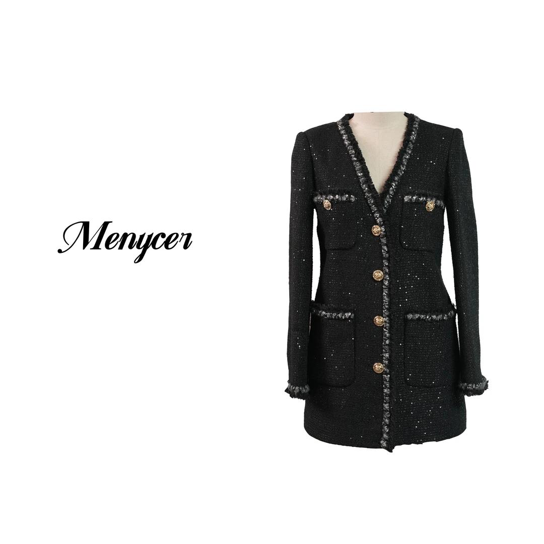 XM230234-黑色V领时尚小香风外套